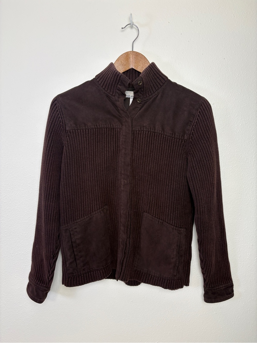 Jones New York Dark Brown Ribbed Knit Suede Zip Jacket Gorpcore Utility